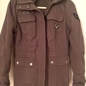 Army green zip hoodie jacket. Tag says med, fits more like a 4/6